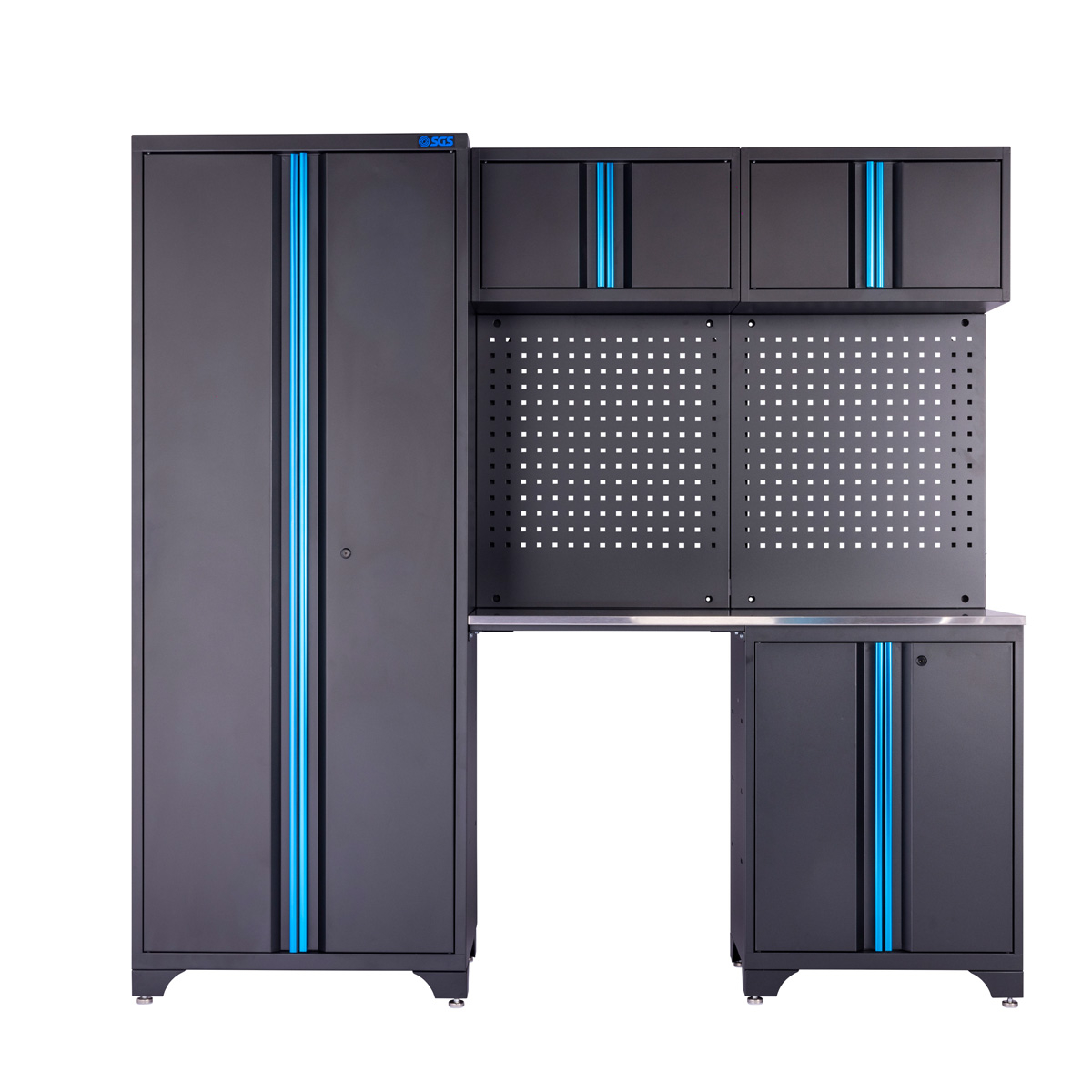 SGS 6pc Garage Storage System | Stainless Work Bench | Wheeled Cabinet | Wall Shelving | Tall Double Side Cabinet | Blue